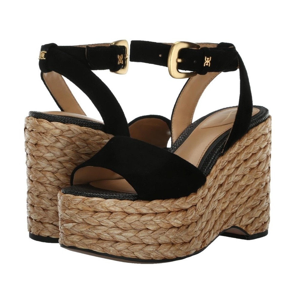 Sam Edelman Womens Black Suede Braided Jute Platform Wedge Sandals Size 10.5 NEW